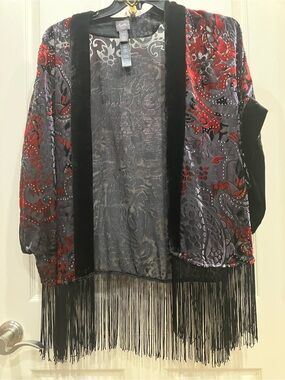 Chico's Black and Red Velvet-Trim Paisley Kimono